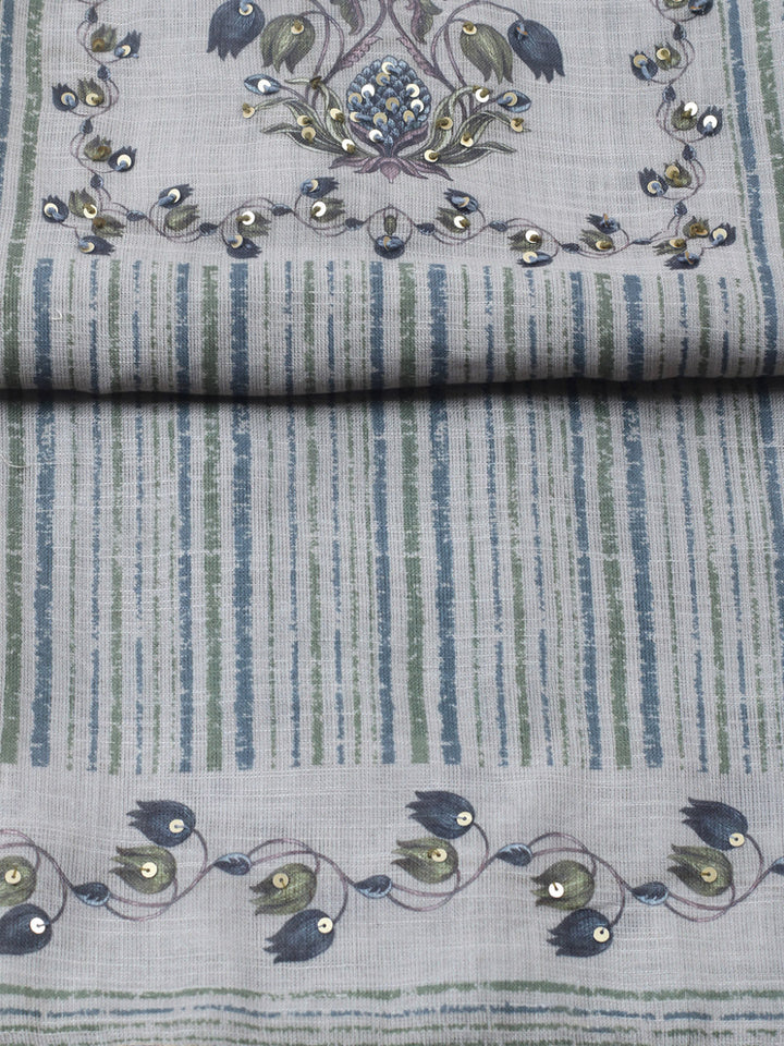 Printed Linen Blend Unstitched Suit With Pant &amp; Dupatta