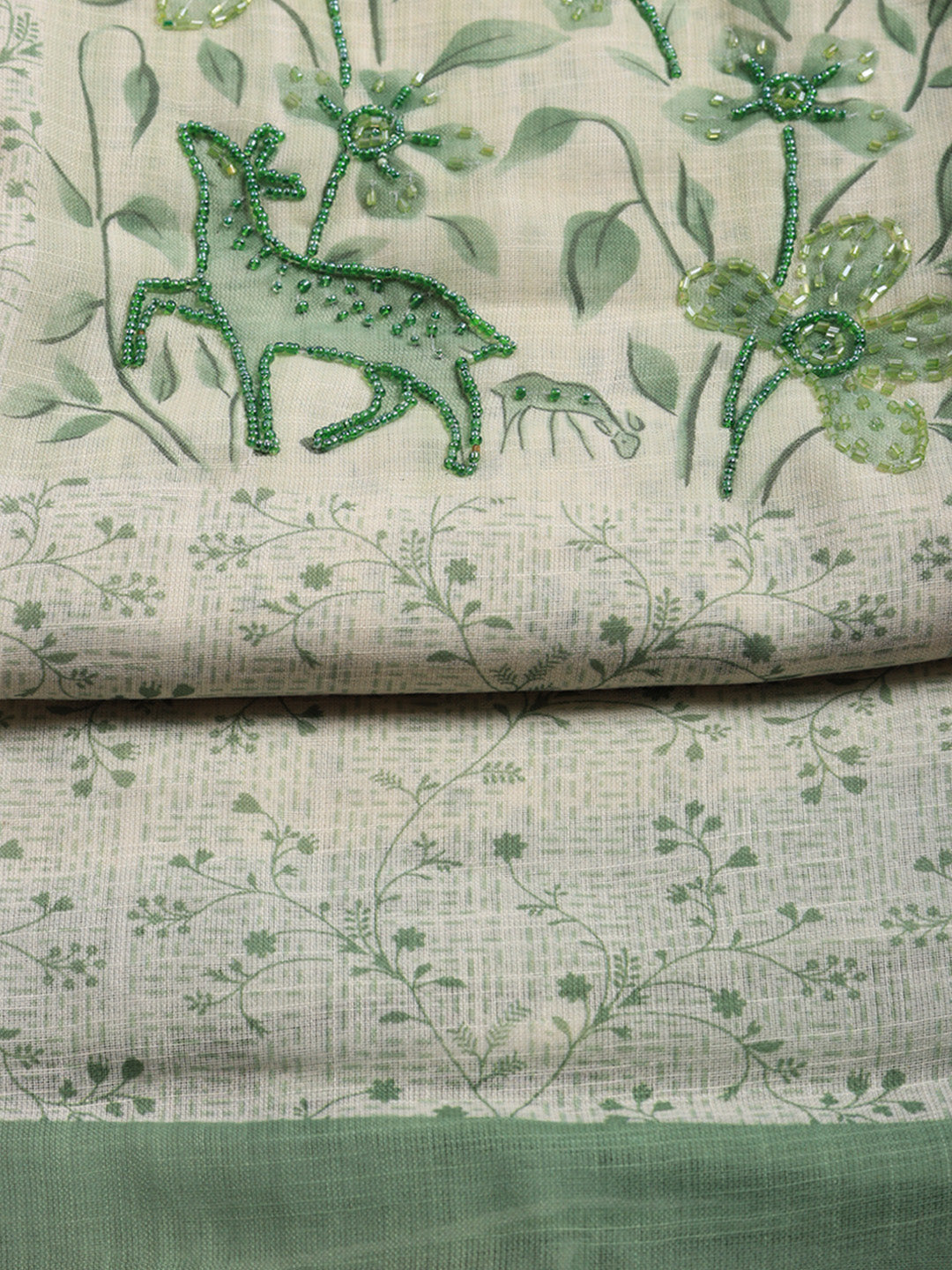 Printed Linen Blend Unstitched Suit With Pant &amp; Dupatta