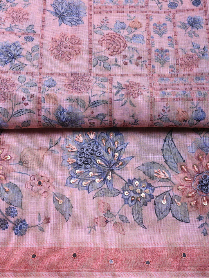 Printed Linen Blend Unstitched Suit With Pant &amp; Dupatta