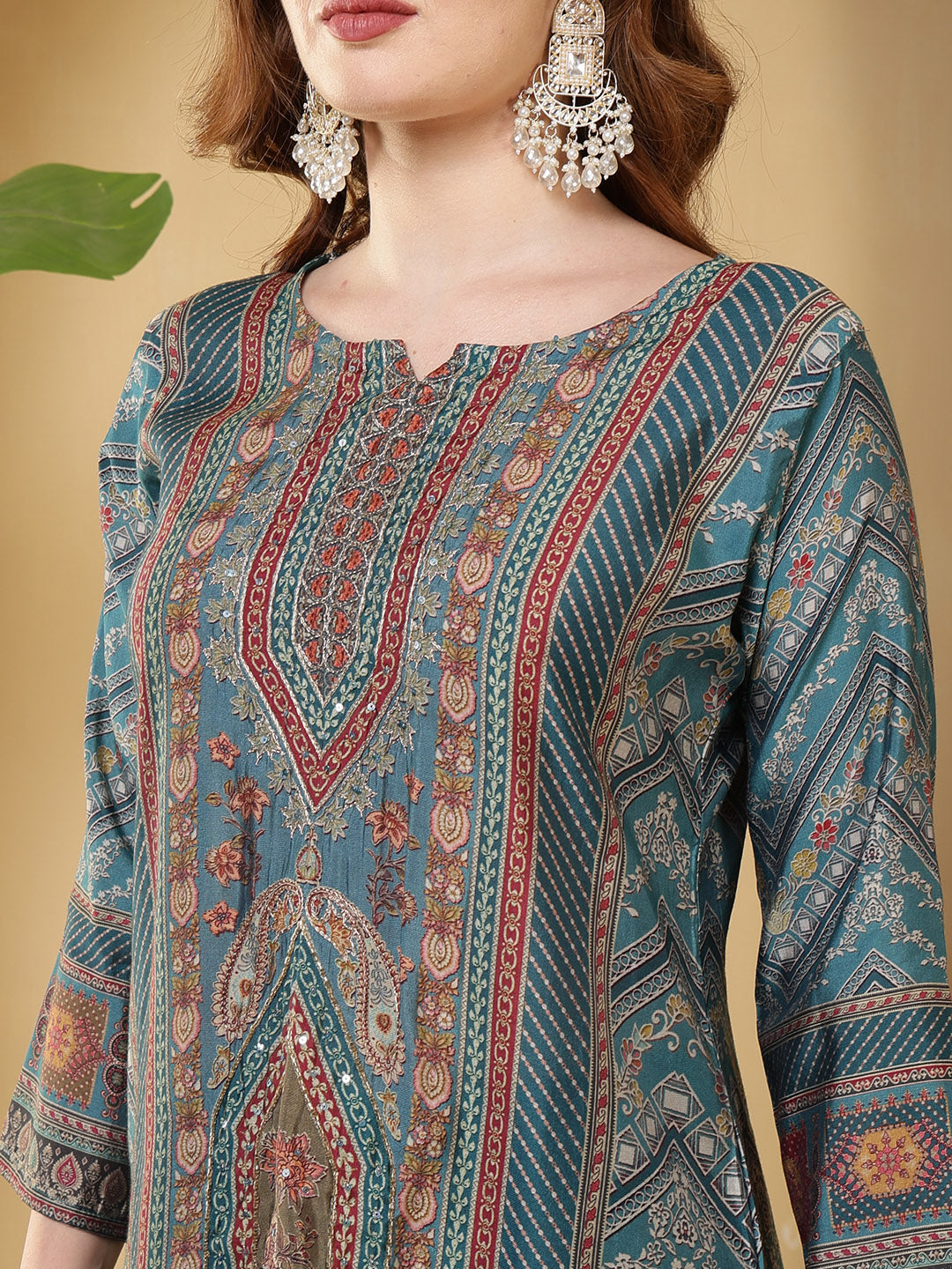 Neck Embroidered Muslin Kurta With Pants &amp; Dupatta