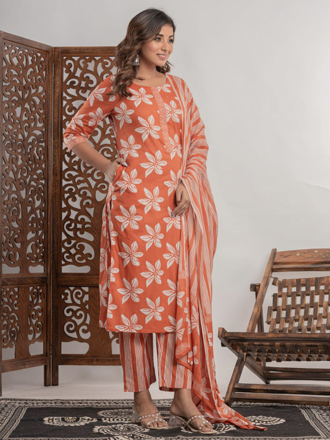Brick Cotton Blend Printed Straight Suit Set