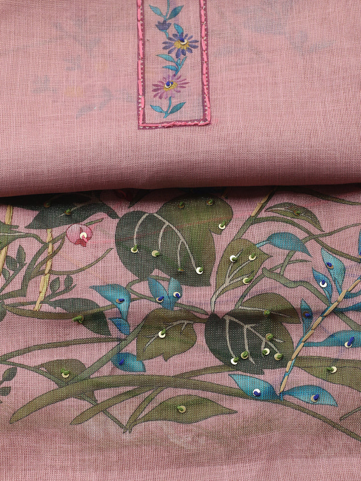Printed Linen Blend Unstitched Suit With Pant &amp; Dupatta