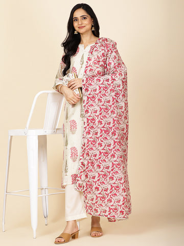 Floral Printed Chanderi Kurta With Pants & Dupatta