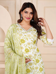 Floral Printed Cotton Kurta With Pants & Dupatta