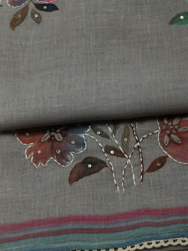 Printed Linen Unstitched Kurta With Pant &amp; Dupatta