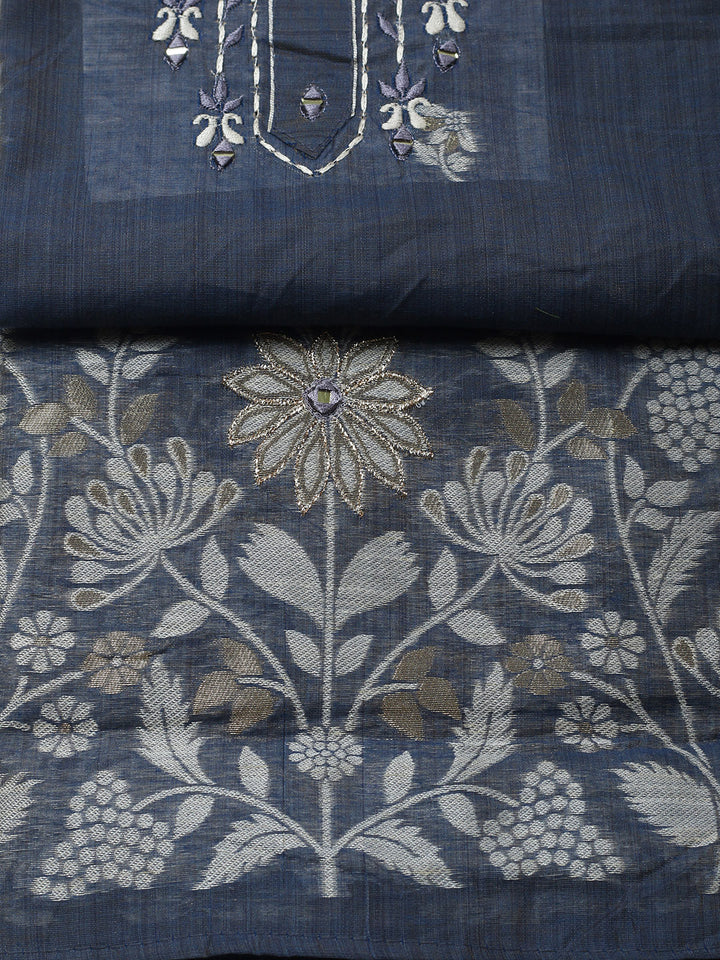 Embroidered Cotton Blend Unstitched Suit With Pant &amp; Dupatta