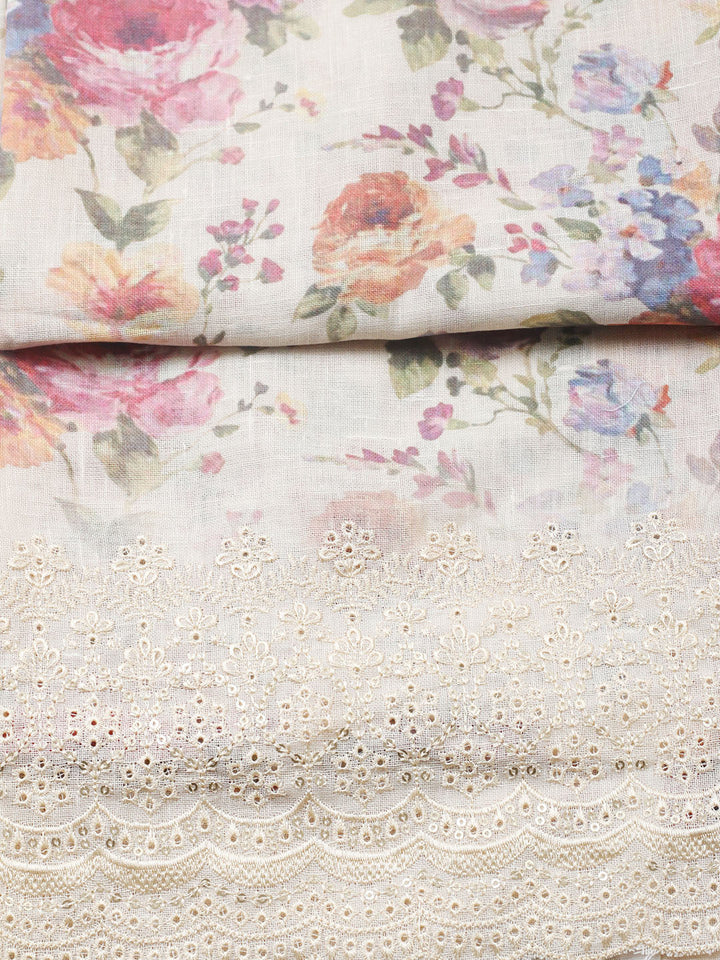 Embroidered Linen Blend Unstitched Suit With Pant &amp; Dupatta