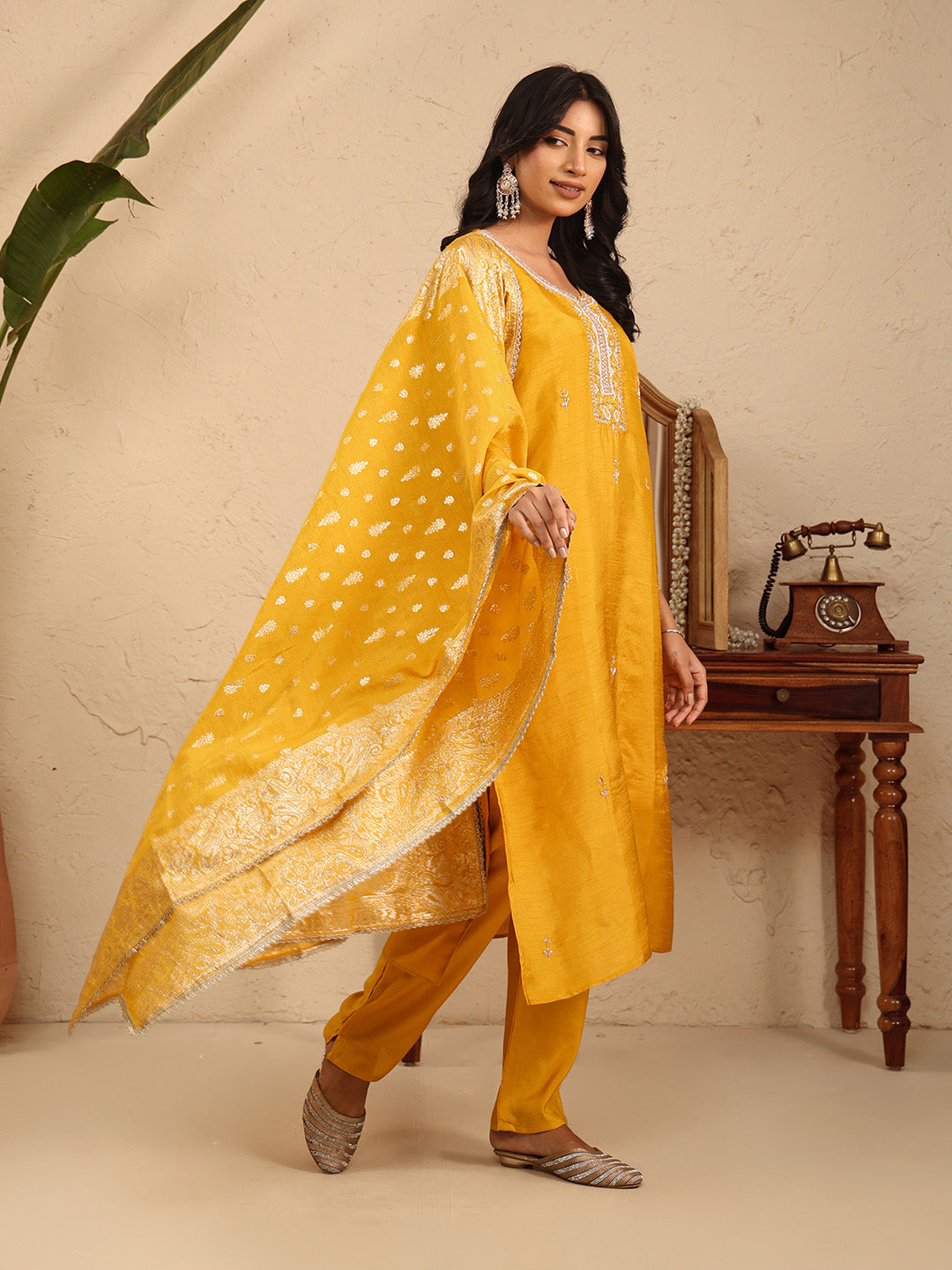 Embroidered Cotton Kurta With Pant &amp; Dupatta