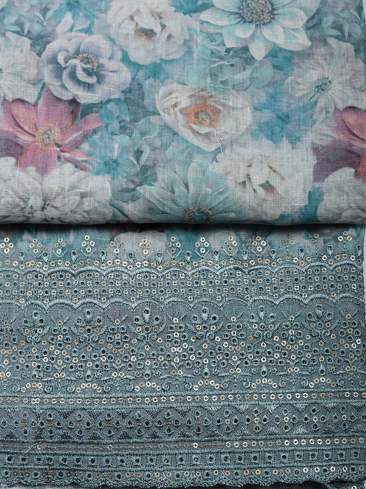 Embroidered Linen Blend Unstitched Suit With Pant &amp; Dupatta