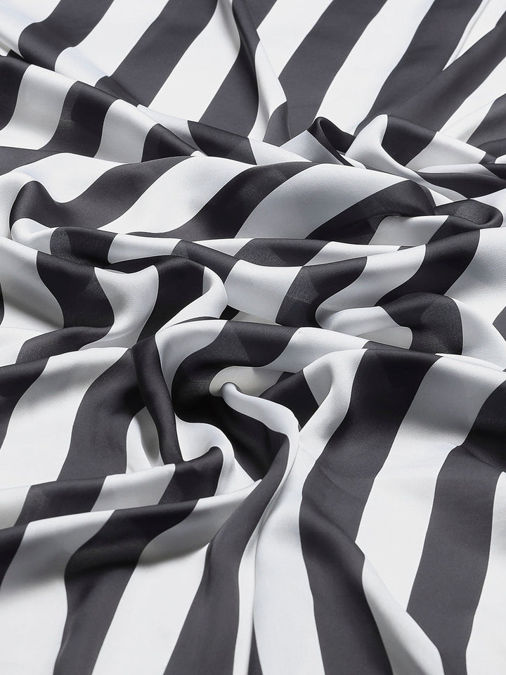 Stripes Printed &amp; Embellished Satin Saree