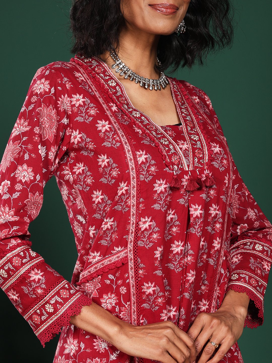 Maroon Cotton Blend Printed Straight Suit Set