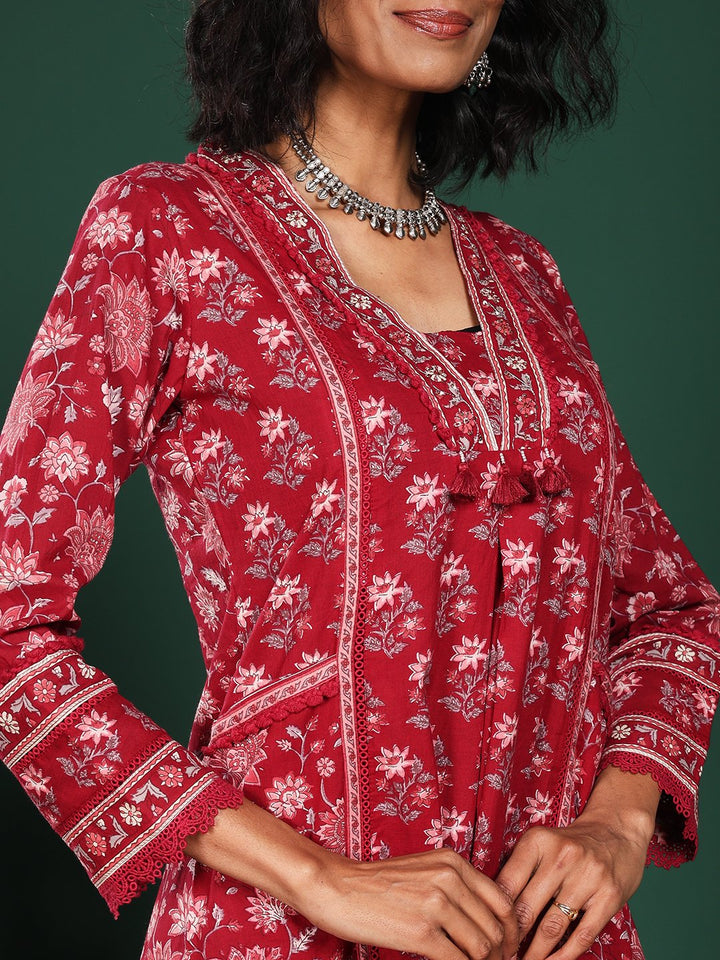 Maroon Cotton Blend Printed Straight Suit Set