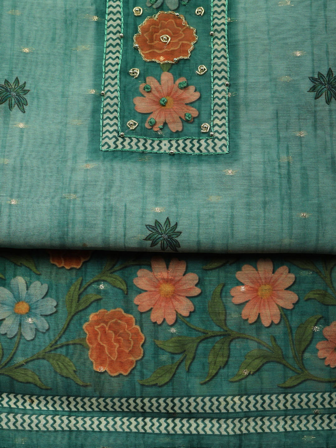 Embroidered Cotton Blend Unstitched Suit With Pant &amp; Dupatta