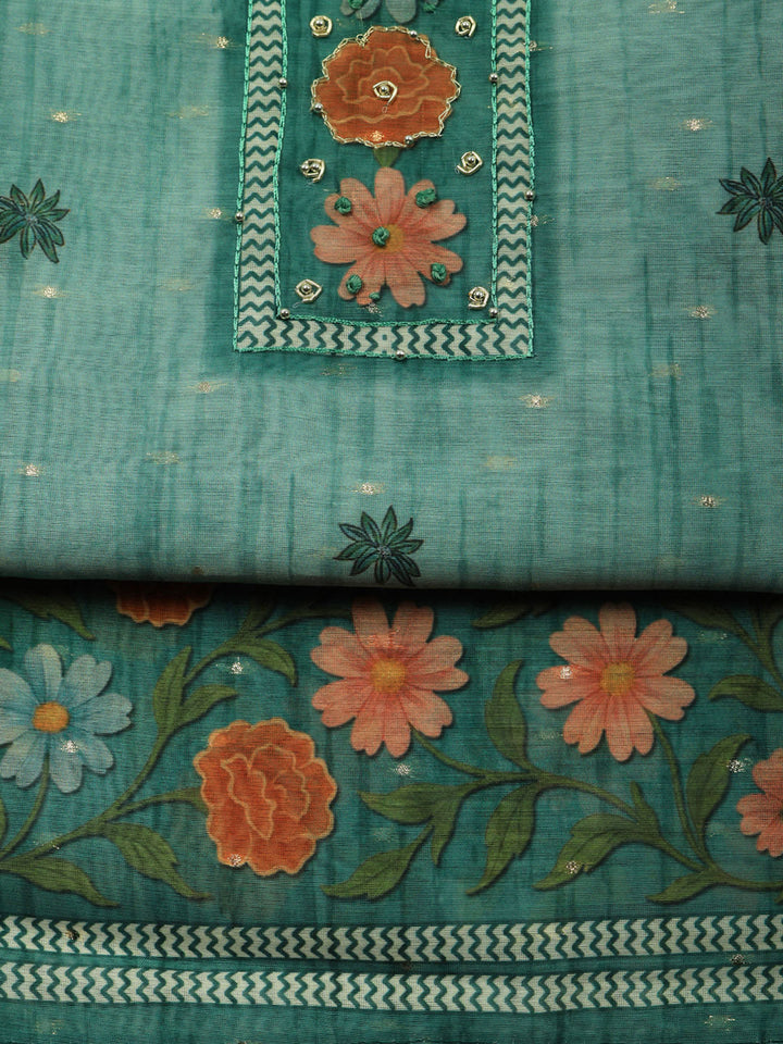 Embroidered Cotton Blend Unstitched Suit With Pant &amp; Dupatta