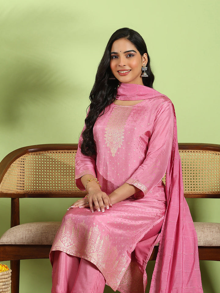 Embroidered Cotton Kurta With Pant &amp; Dupatta