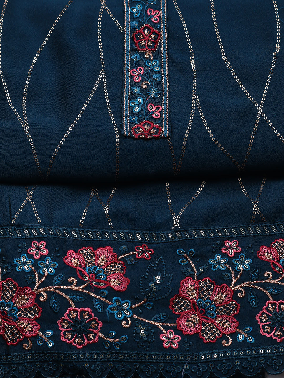 Embroidered Georgette Unstitched Suit With Pant &amp; Dupatta