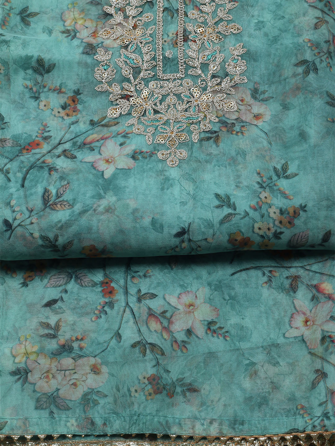Neck Embroidered Organza Unstitched Suit With Dupatta