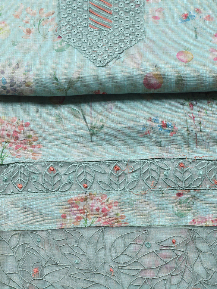 Printed Linen Blend Unstitched Suit With Pant &amp; Dupatta
