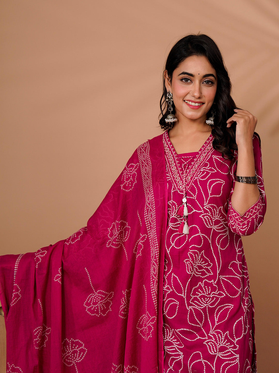 Pink Cotton Blend Printed Straight Suit Set