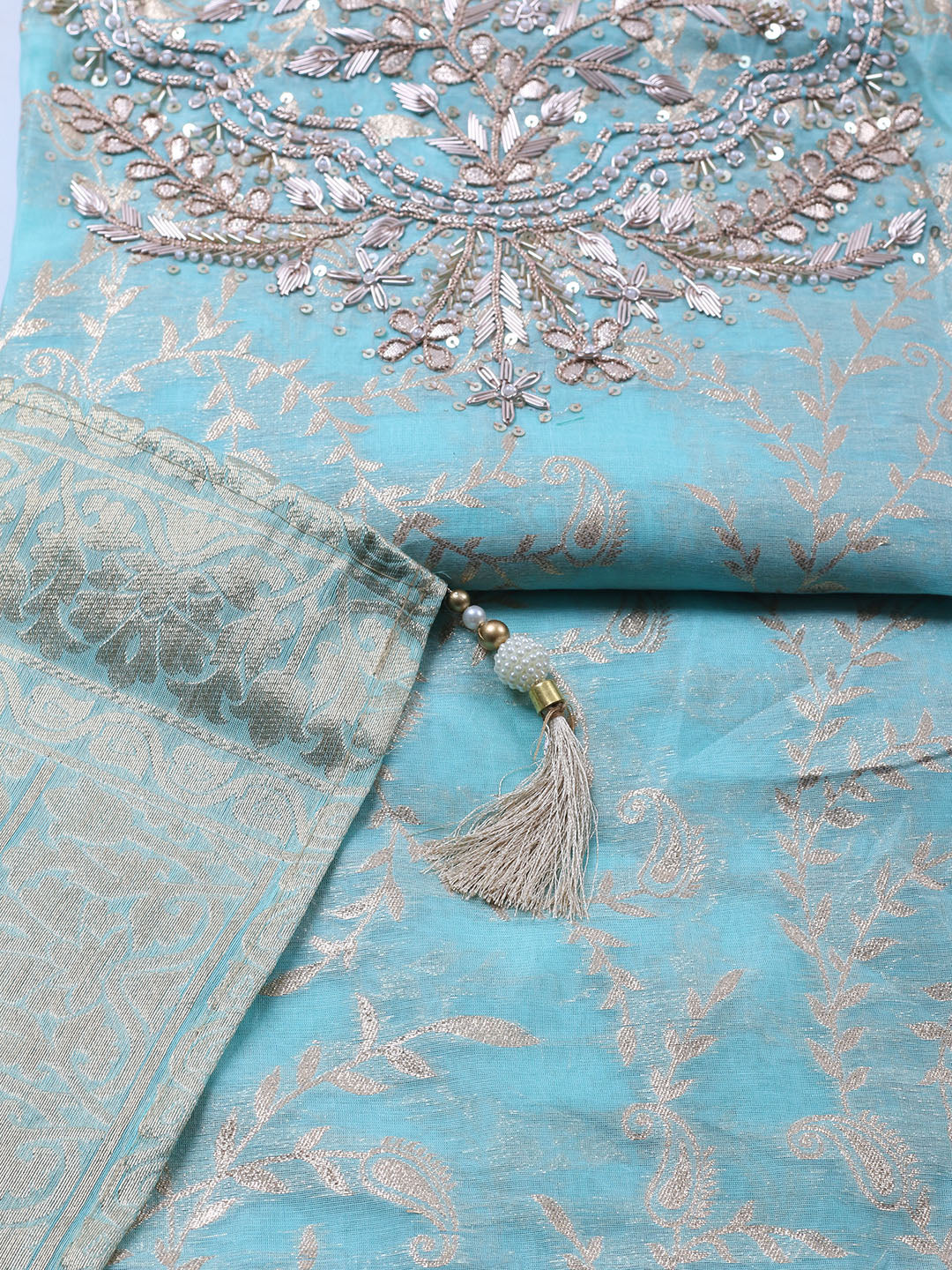 Embroidered Chanderi Unstitched Suit With Pant &amp; Dupatta
