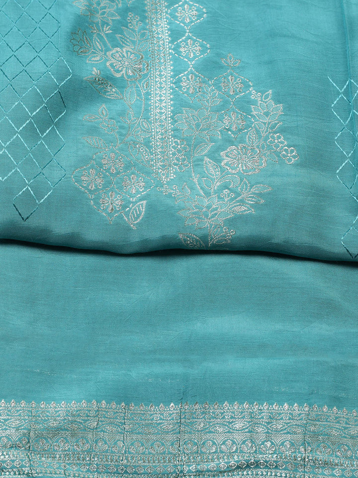 Embroidered Art Silk Unstitched Suit With Pant &amp; Dupatta