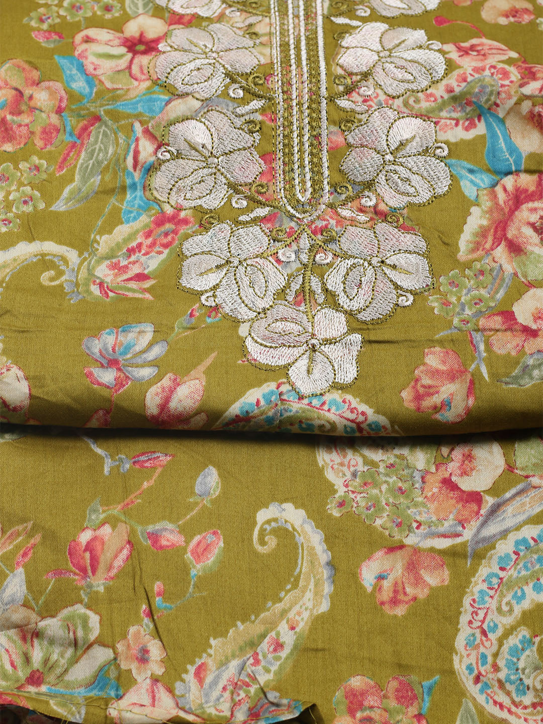 Neck Embroidered Cotton Blend Unstitched Suit With Dupatta
