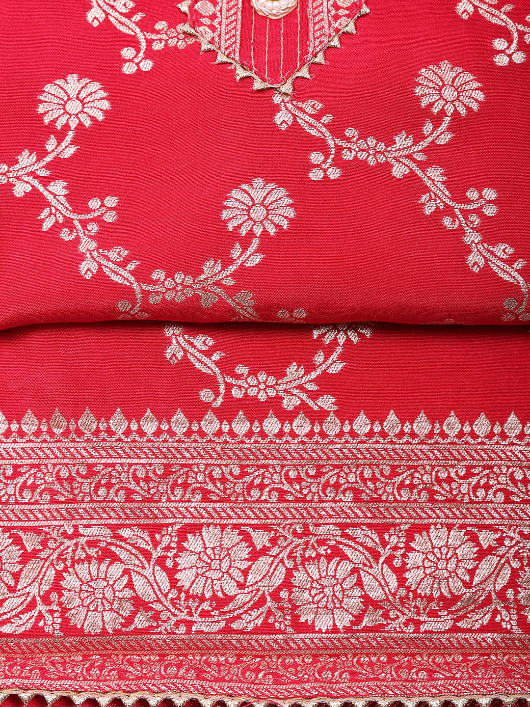 Embroidered Chanderi Unstitched Suit With Pant &amp; Dupatta