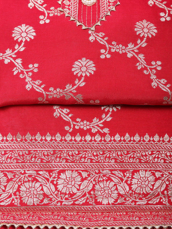 Embroidered Chanderi Unstitched Suit With Pant &amp; Dupatta