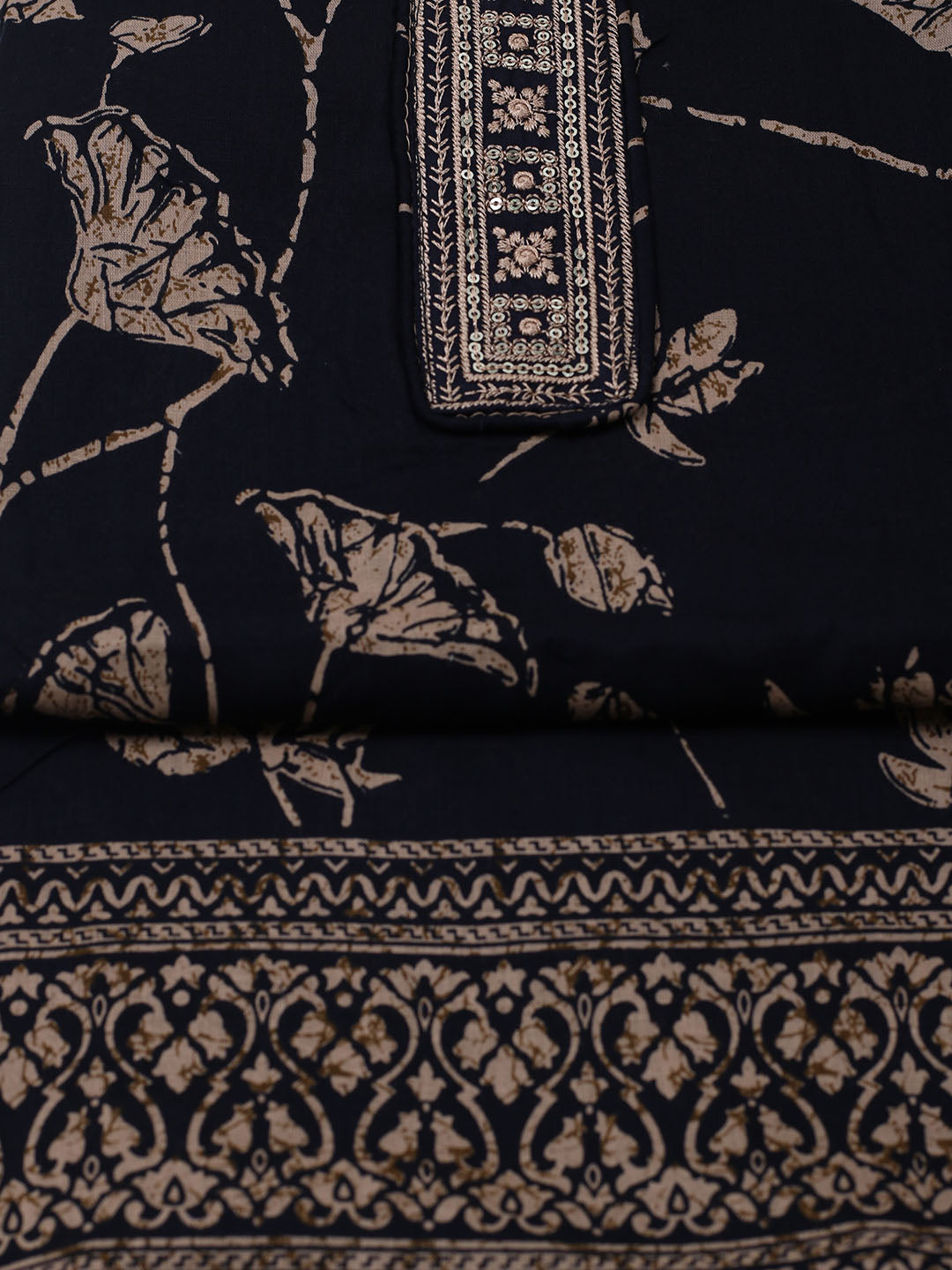 Patch Neck Cotton Blend Unstitched Suit With Dupatta