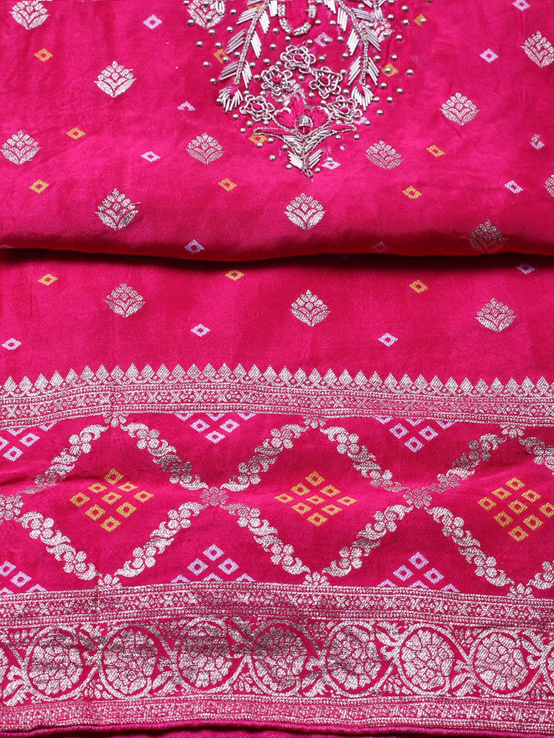 Embroidered Chanderi Unstitched Suit With Pant &amp; Dupatta