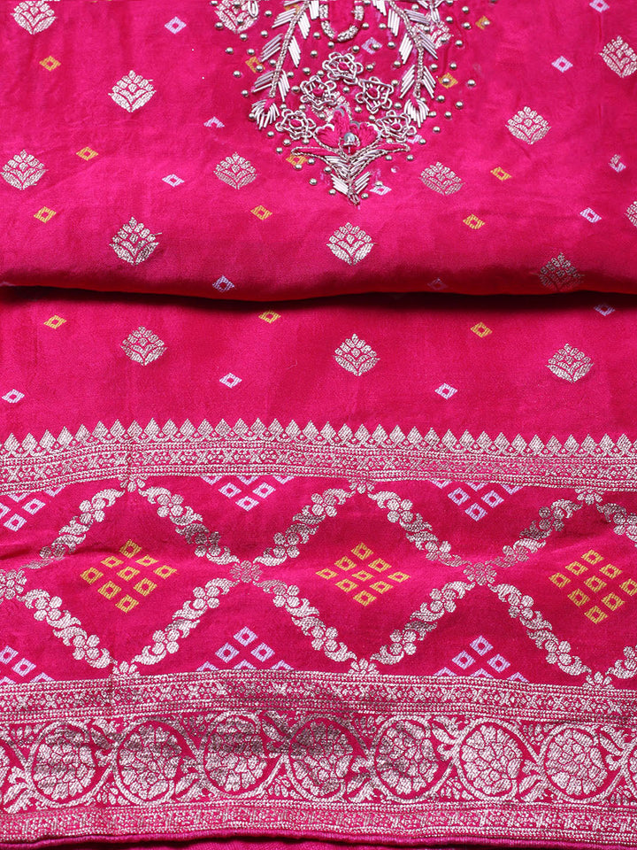 Embroidered Chanderi Unstitched Suit With Pant &amp; Dupatta
