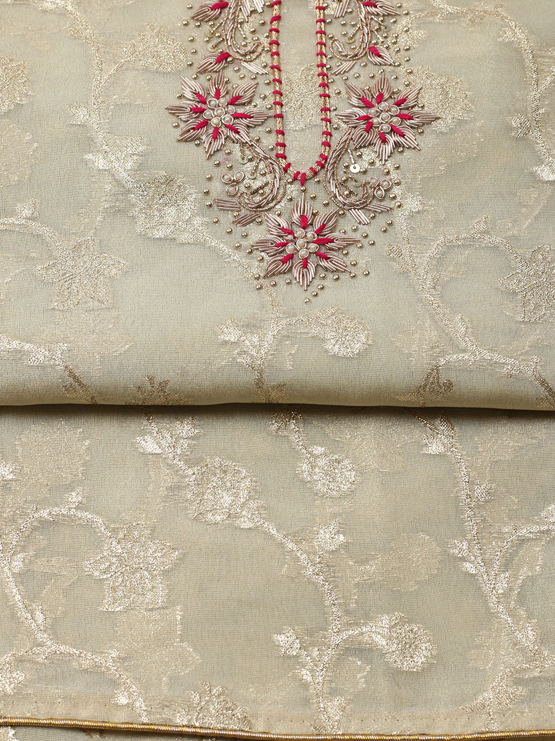 Embroidered Chanderi Unstitched Suit With Pant &amp; Dupatta