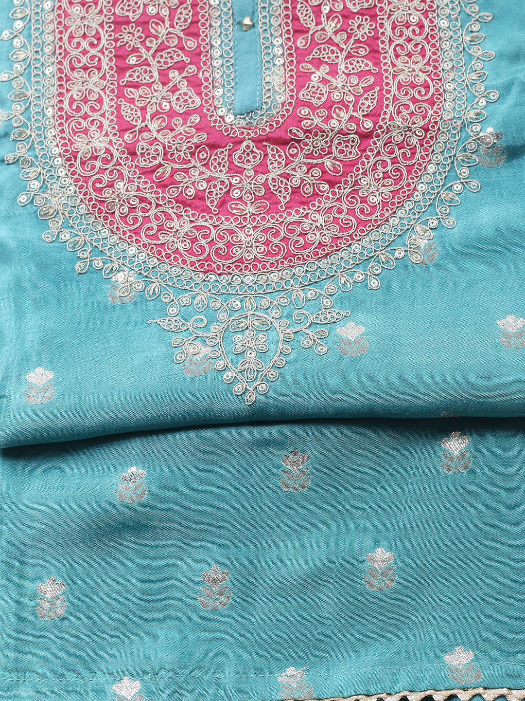 Embroidered Chanderi Unstitched Suit With Pant &amp; Dupatta