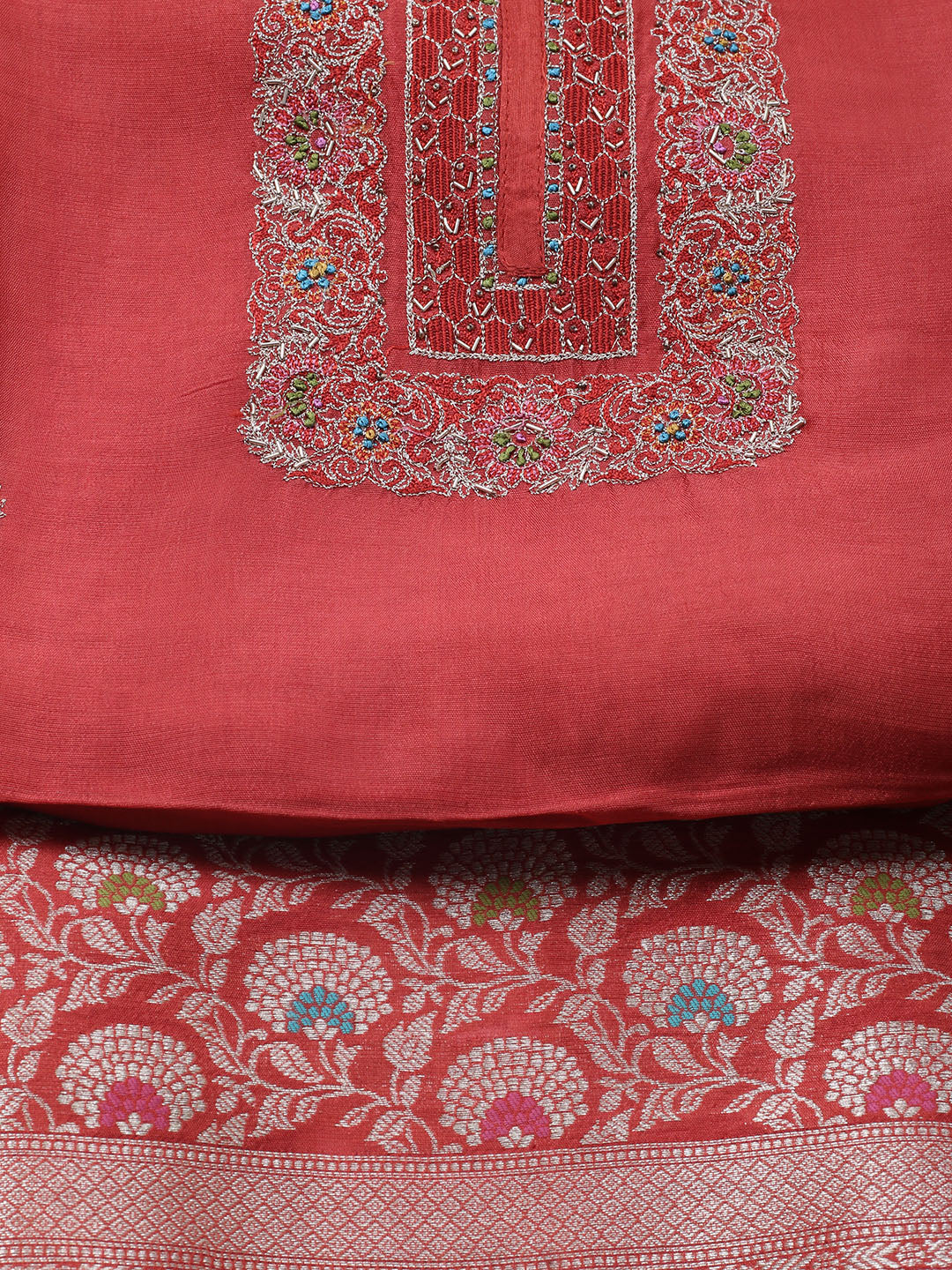 Embroidered Art Silk Unstitched Suit With Dupatta