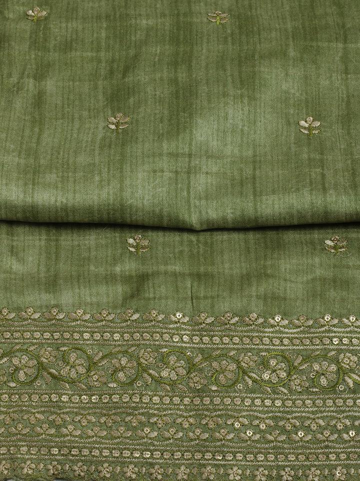Embroidered Chanderi Unstitched Suit With Pant &amp; Dupatta