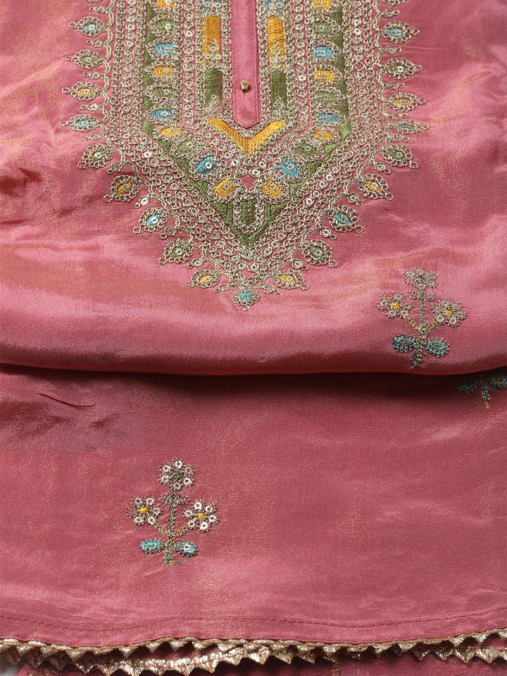 Embroidered Organza Unstitched Kurta With Pant &amp; Dupatta
