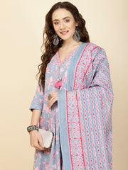 Printed Cotton Suit Set With Dupatta