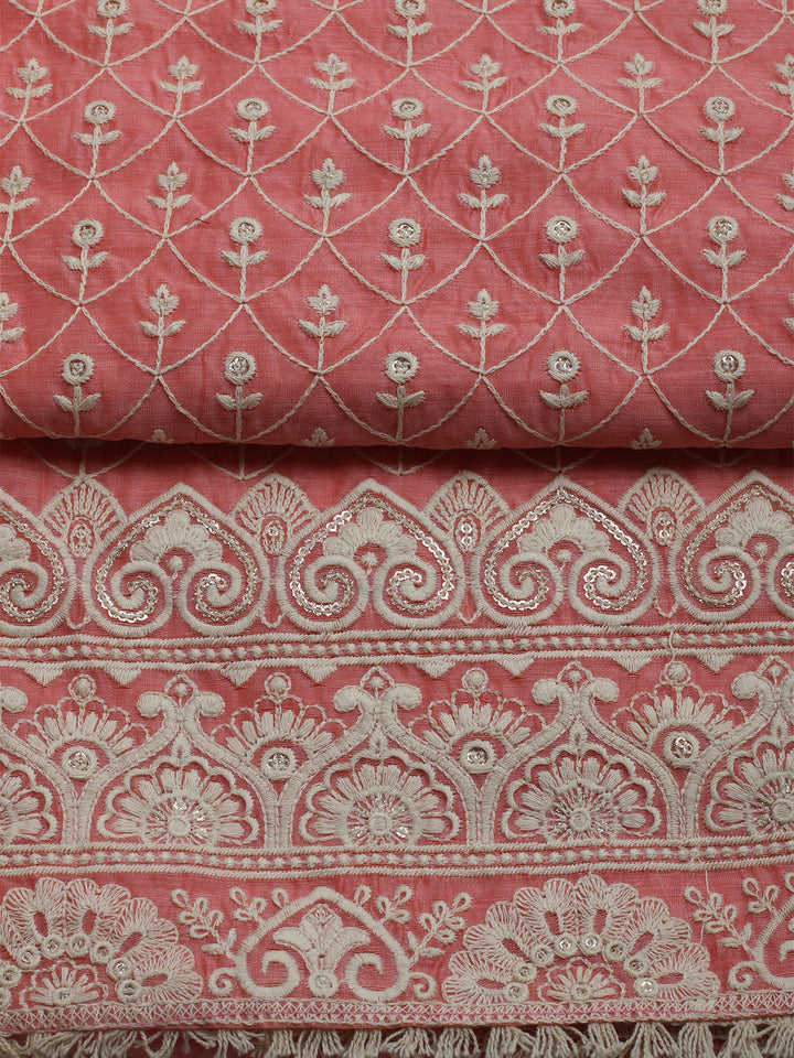 Embroidered Chanderi Unstitched Kurta With Pant &amp; Dupatta