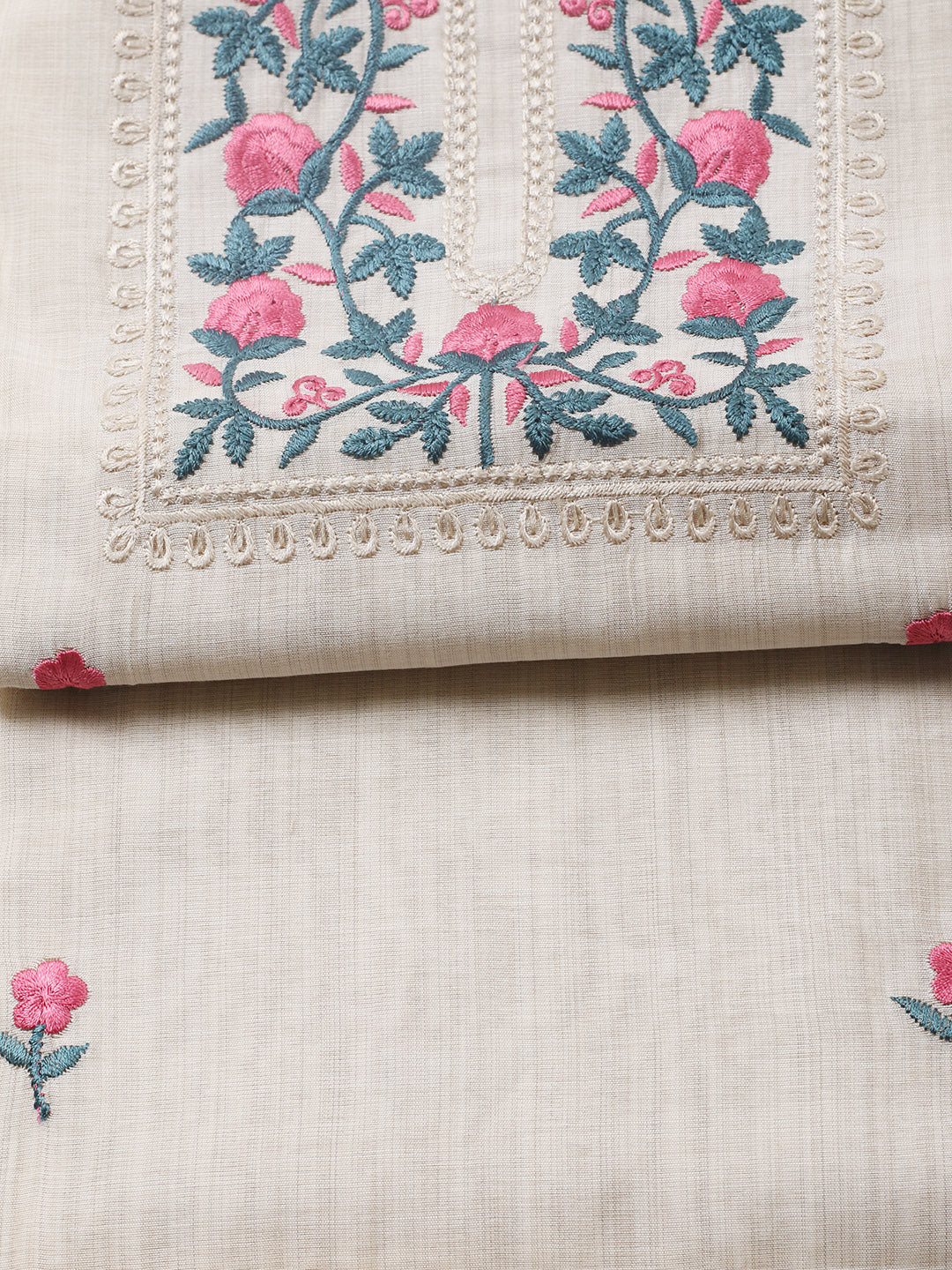 Embroidered Tussar Silk Unstitched Suit With Pant &amp; Dupatta
