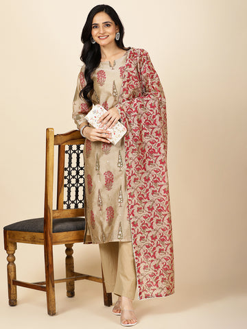 Floral Printed Chanderi Kurta With Pants & Dupatta