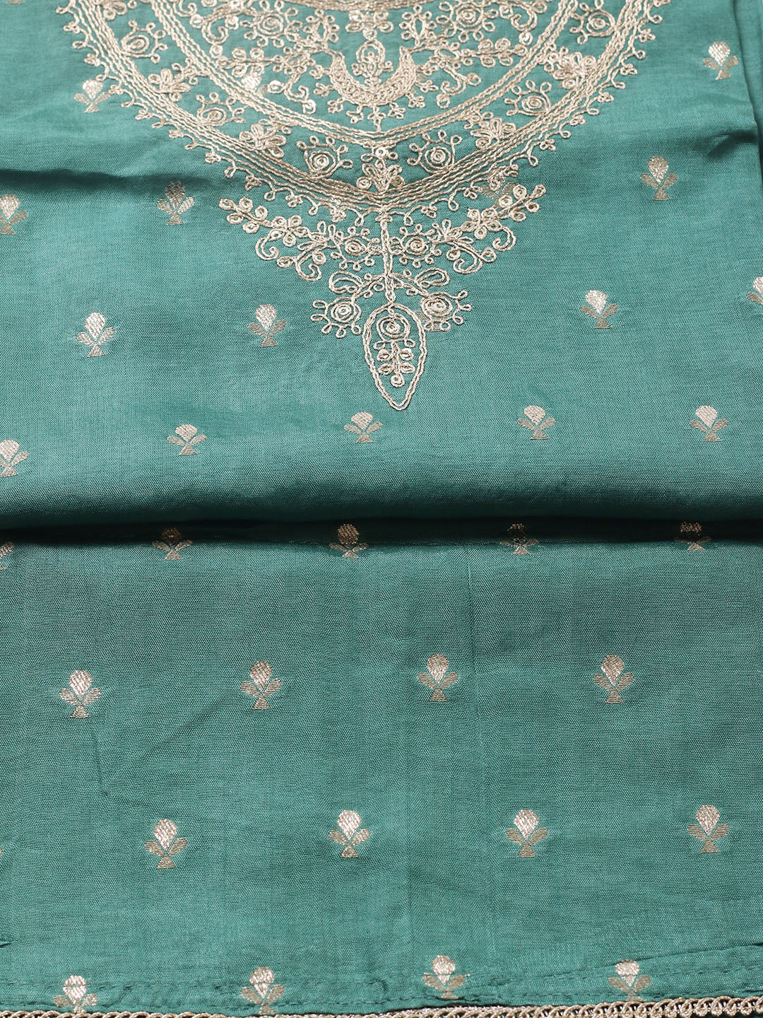 Embroidered Chanderi Unstitched Suit With Pant &amp; Dupatta