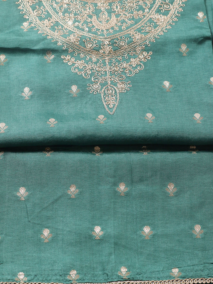 Embroidered Chanderi Unstitched Suit With Pant &amp; Dupatta