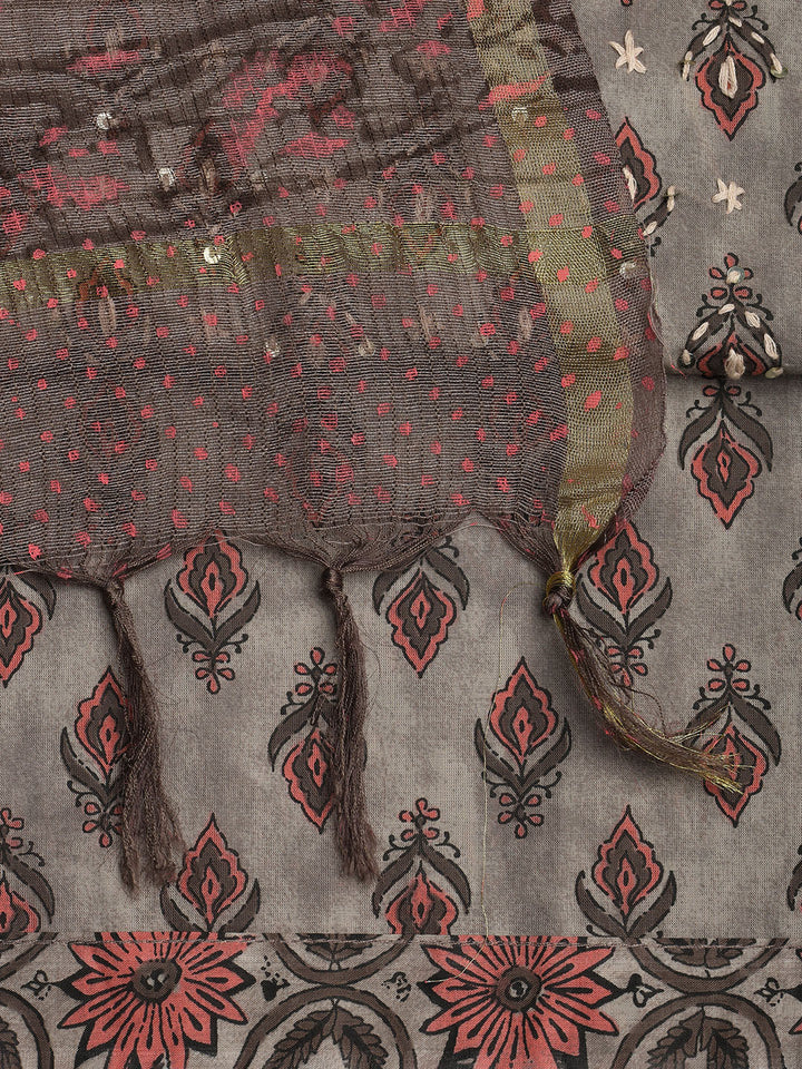 Printed Cotton Blend Unstitched Suit With Dupatta