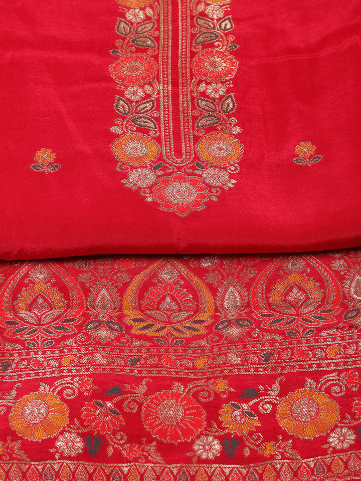 Embroidered Chanderi Unstitched Suit With Pant &amp; Dupatta