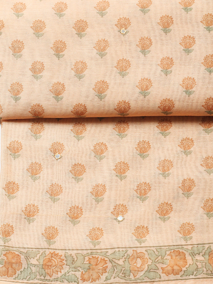 Printed Chanderi Unstitched Suit With Pant &amp; Dupatta