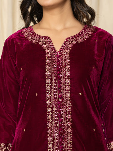 Zari Neck Embroidered Velvet Kurta With Pants