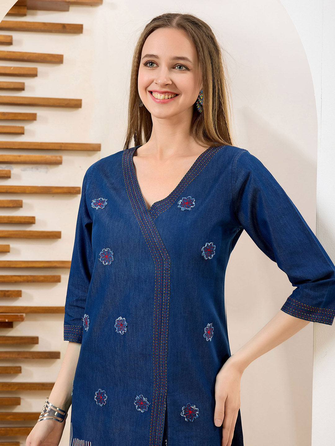 Neck Embroidered Denim Dress