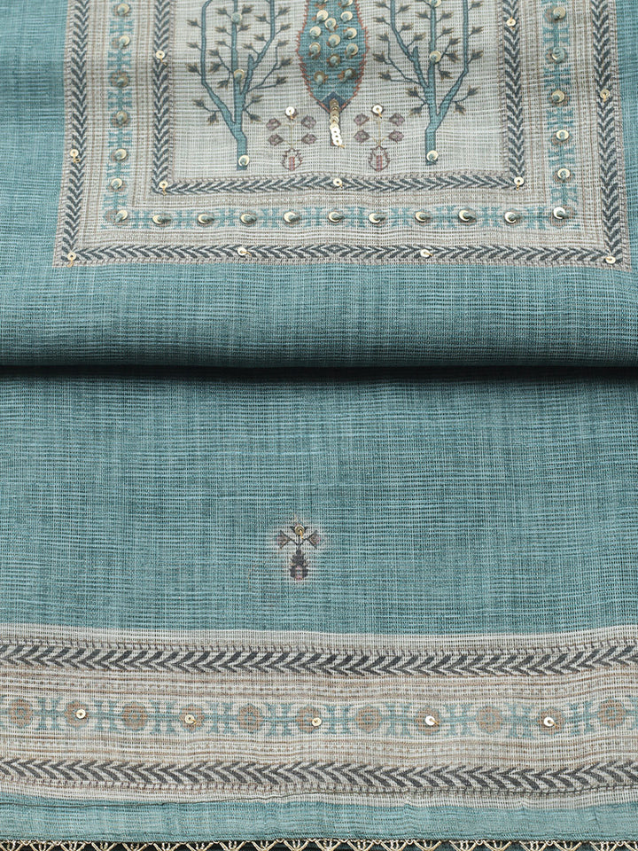 Printed Linen Blend Unstitched Suit With Pant &amp; Dupatta