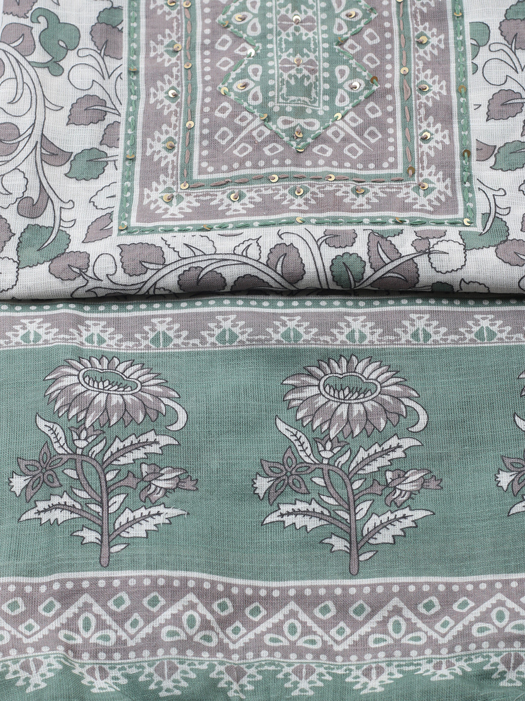 Printed Linen Blend Unstitched Suit With Pant &amp; Dupatta