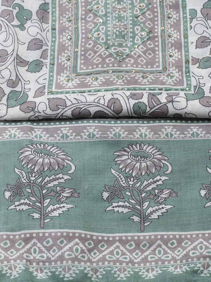 Printed Linen Blend Unstitched Suit With Pant &amp; Dupatta